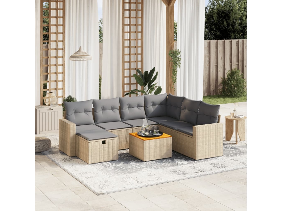 Vidaxl 8 Pcs Conj. Sofás Jardim C/ Almofadões Vime Pe Bege Misturado