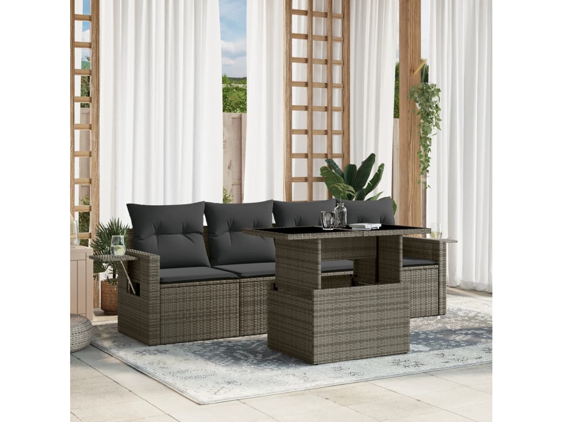 Vidaxl 5 Pcs Conjunto Sofás De Jardim C/ Almofadões Vime Pe Cinzento
