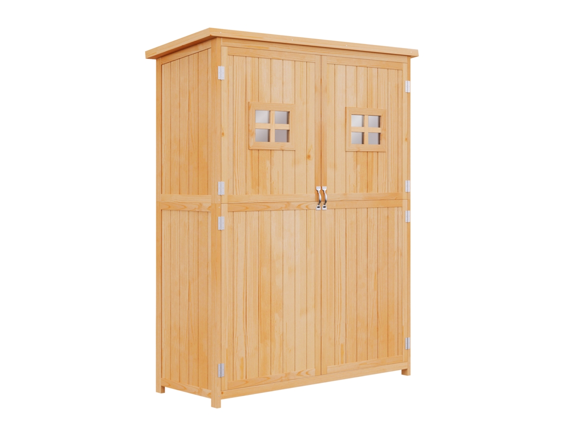 Galpão De Jardim De Madeira, Solar, 127,5l X 50w X 164h Cm, 2 Prateleiras, 2 Portas, 2 Janelas, Telhado Betuminoso Impermeável