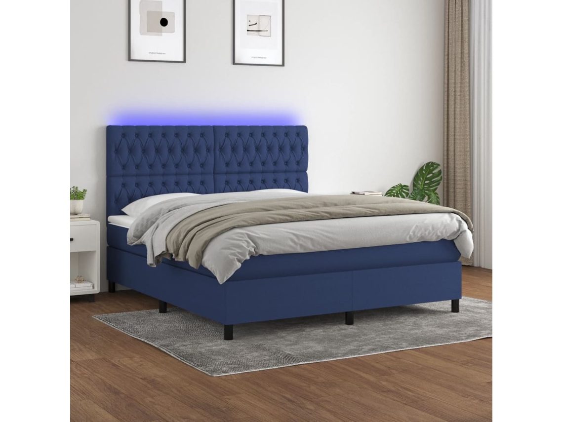 Vidaxl Cama Box Spring C/ Colchão E Led 160x200 Cm Tecido Azul