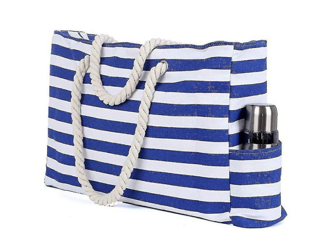 2026 bolsa de Playa Grande Con Asas de Cuerda de Algodón, Lona a Rayas Azules Y Bolsillo Interior Impermeable