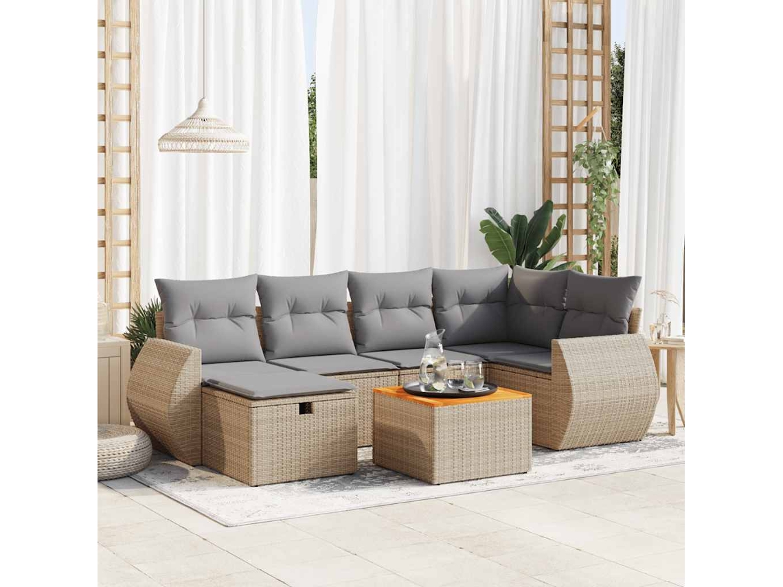 Vidaxl 7 Pcs Conjunto De Sofás P/ Jardim Com Almofadões Vime Pe Bege