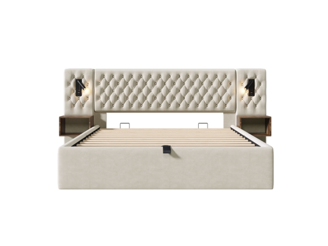 Conjunto De Cama Para Quarto, Cama Estofada Com Arrumação Hidráulica, Cama De Casal 160x200 Cm Com 2 Mesas De Cabeceira, Bege(colchão Não Incluído)