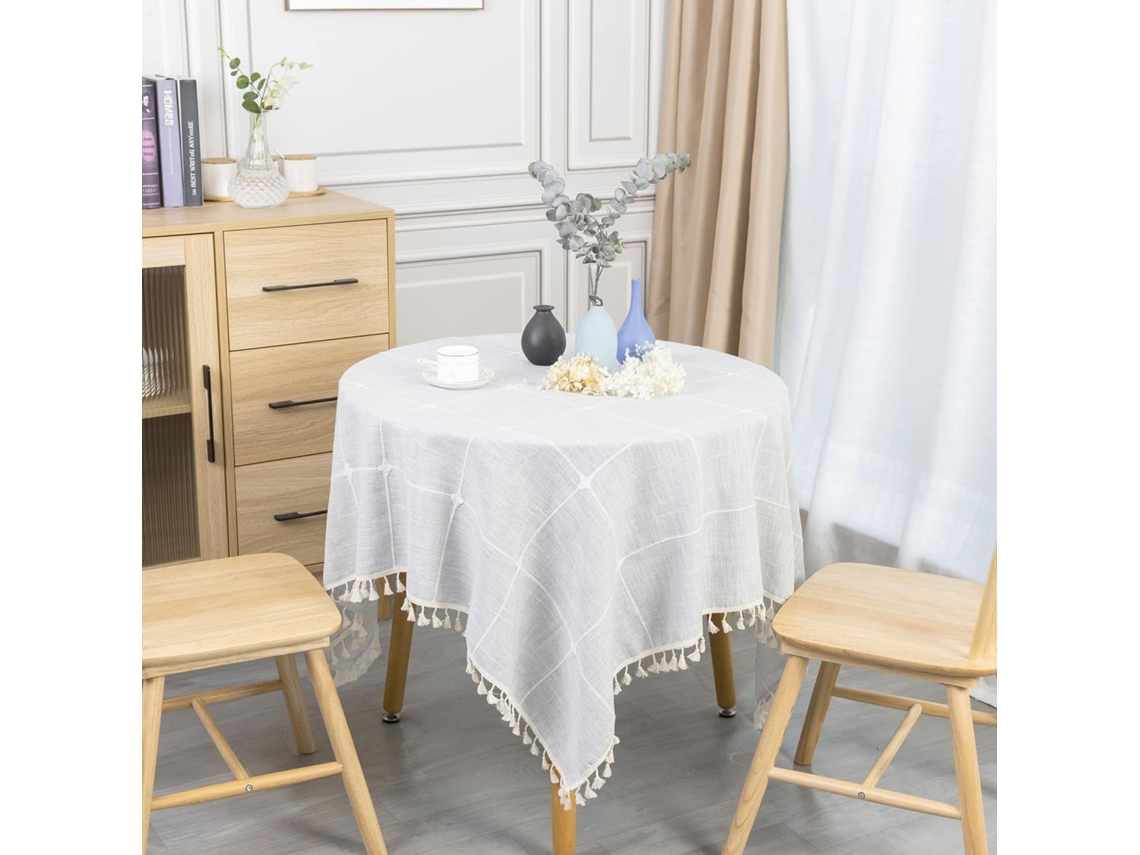 Lurelia Toalha De Mesa Quadrada Algodão Linho Cinza Natural 140x140 Lavável Antirrugas Xadrez Jacquard