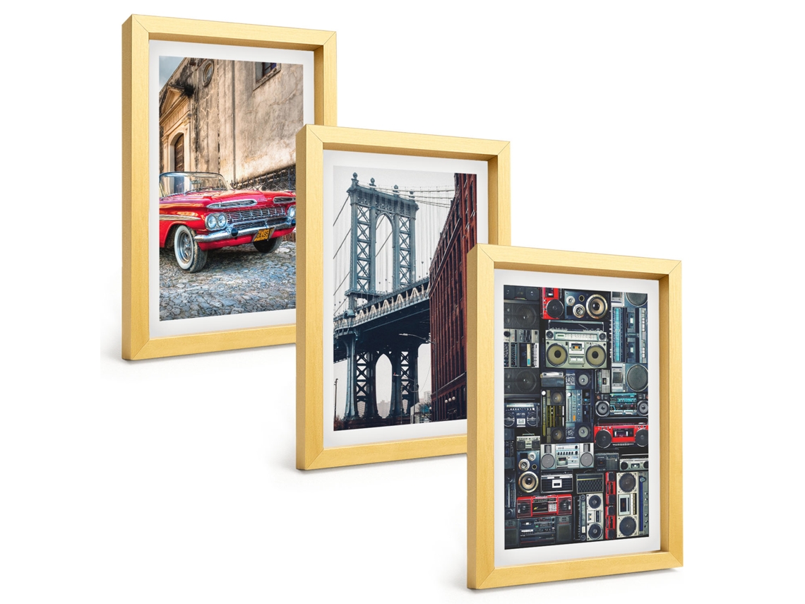 Quadros Decorativos Para Paredecarro Antigo, Ponte Do Brooklyn, Áudio Retrô Moldura Dourada Pinturas De Quarto Espelharte (3 Peças 20x30 Cm)