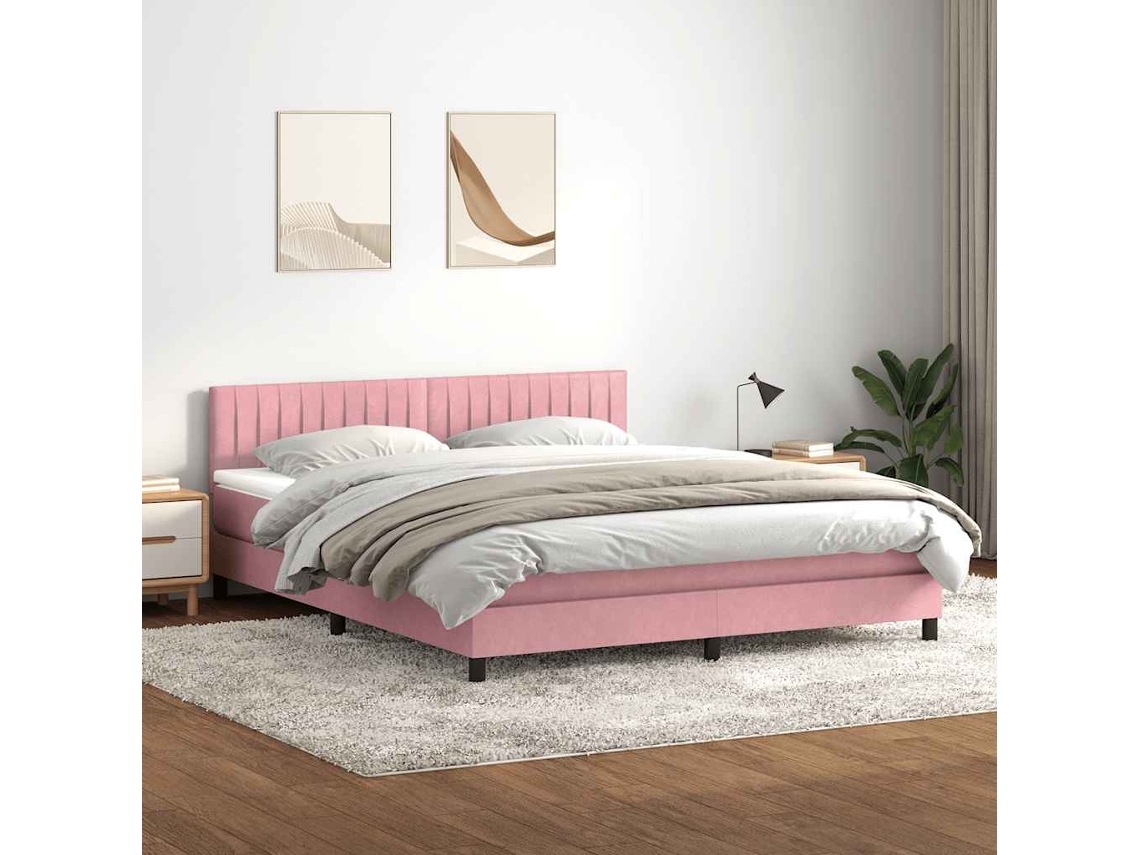Vidaxl Cama Box Spring C/ Colchão E Led 180x210 Cm Veludo Rosa