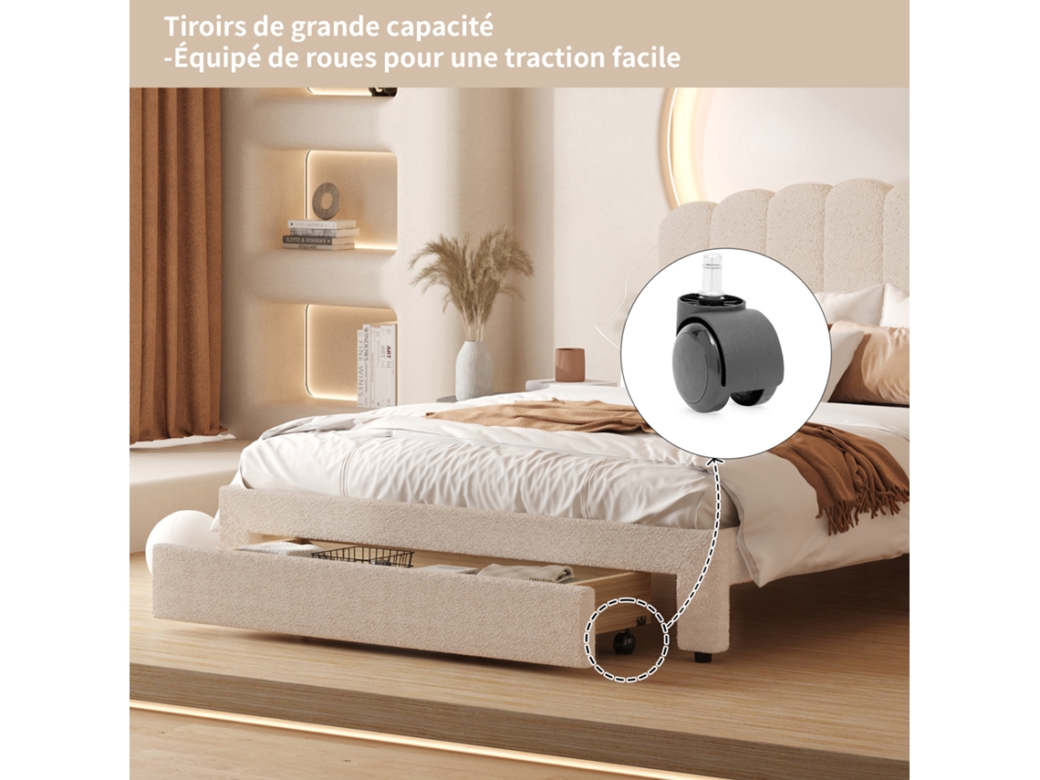 Cama de Casal 160x200 Cm em Tecido Bege Aveludado, com Gavetas, Portas Usb, SIMURQ