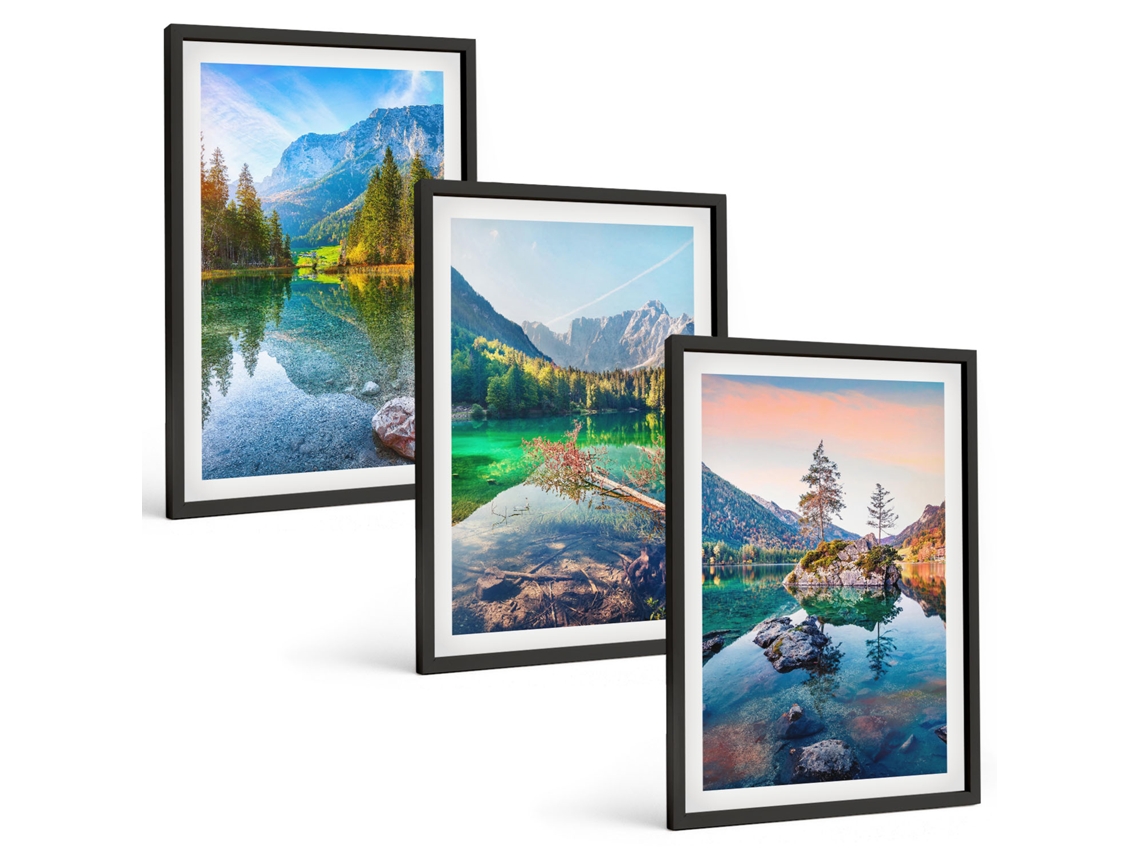 Conjunto De Pinturas Lagos De Montanha, Paisagem Natural Moldura Preta Fotos Para O Escritório Espelharte (3 Piezas De 40x60 Cm)