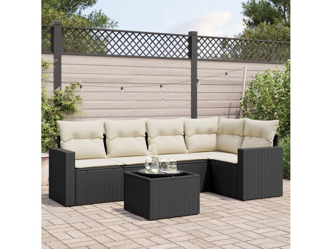 6 Pcs Conjunto Sofás De Jardim C/ Almofadões Vime Pe Preto Dkd Home Decor