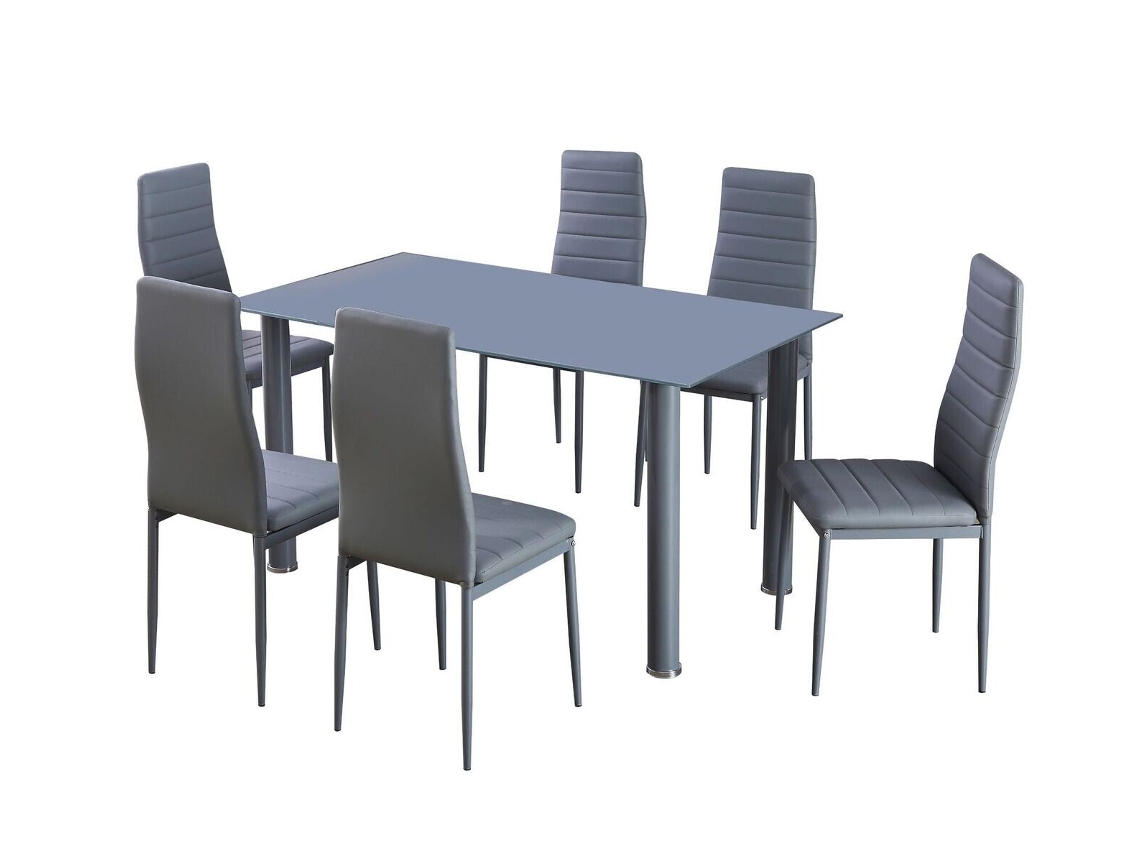 Conjunto Mesa em Vidro Temperado 6 Cadeiras em Couro Sintético. Sala de Jantar Ou Cozinha Cinza SALDOSYSTOCKS