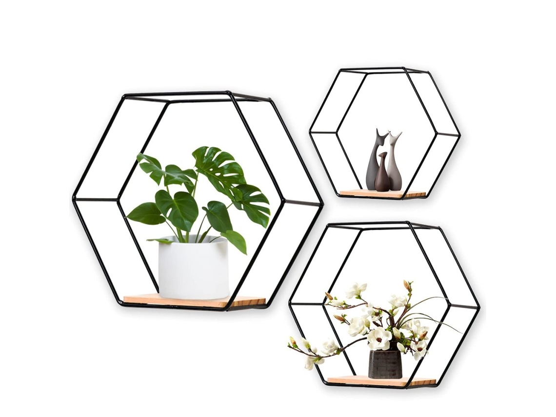 VYLARA Conjunto De Prateleiras Hexagonais Para Decoração De Parede, Prateleira Flutuante Geométrica Com Construção Em Ferro E Metal Estilo Rústico, Display D