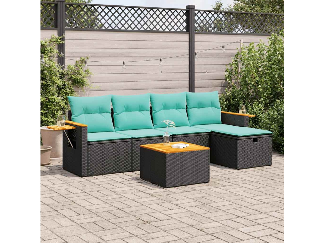 Vidaxl 6 Pcs Conjunto Sofás De Jardim C/ Almofadões Vime Pe Preto