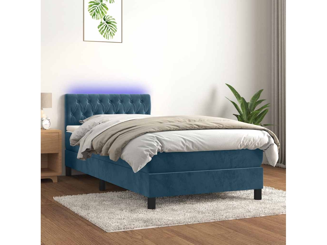 Vidaxl Cama Box Spring C/ Colchão/led 90x200 Cm Veludo Azul escuro