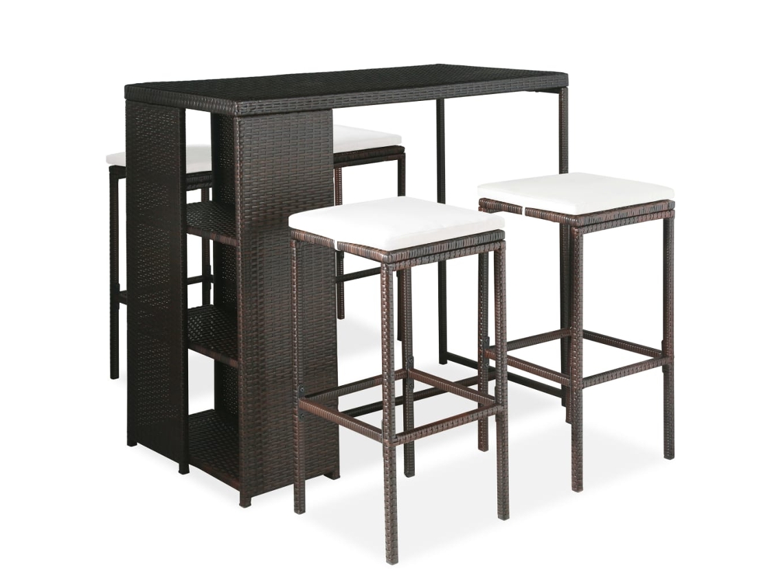 Vidaxl 5 Pcs Conjunto De Bar P/ Jardim Com Almofadões Vime Pe Castanho