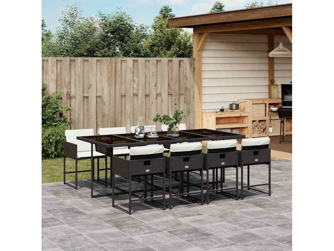 Vidaxl 9 Pcs Conjunto De Jantar P/ Jardim C/ Almofadões Vime Pe Preto