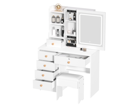 Penteadeira Com Espelho E Banqueta 6 Gavetas Fácil De Limpar Sistemas De Corrediças 80x36x132cm Biplut