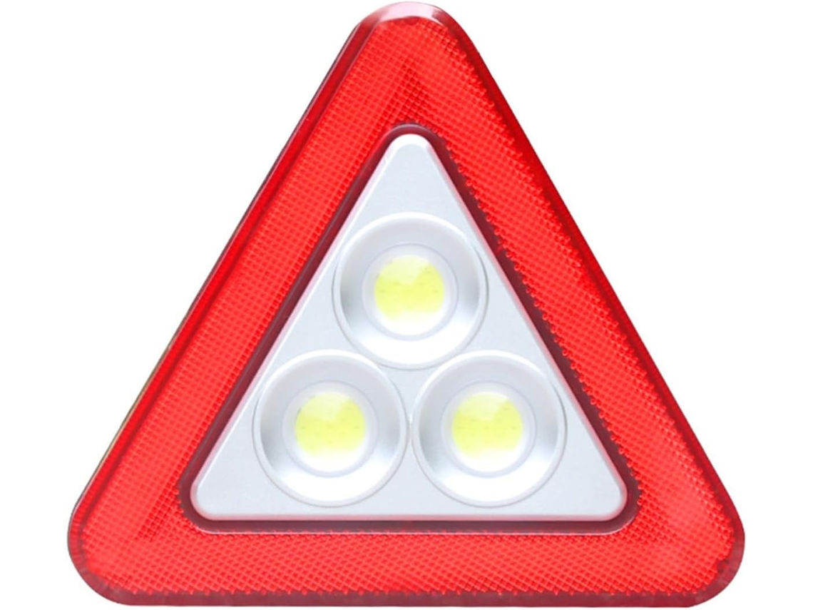 Triângulo de segurança LED vermelho para veículos e locais de trabalho, com design triangular.