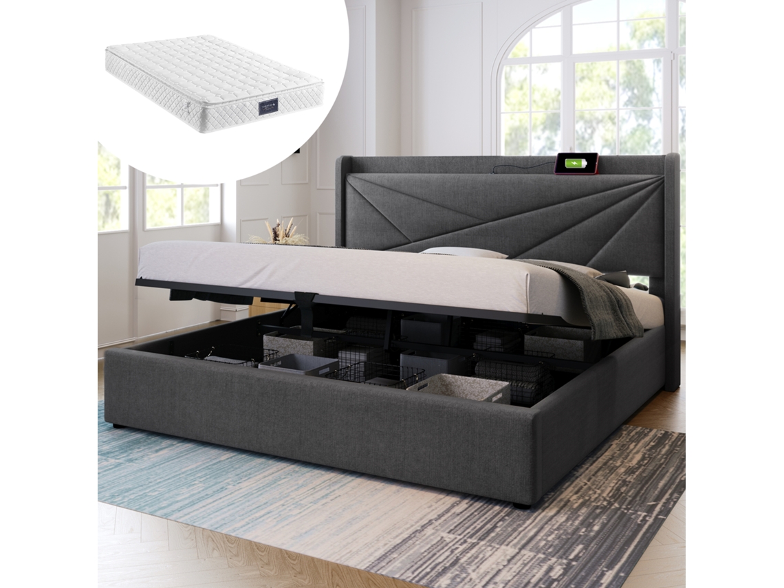 Cama de Casal VSOGA 160x200 cm com entrada usb c, tecido de linho, ripas incluídas, com colchão
