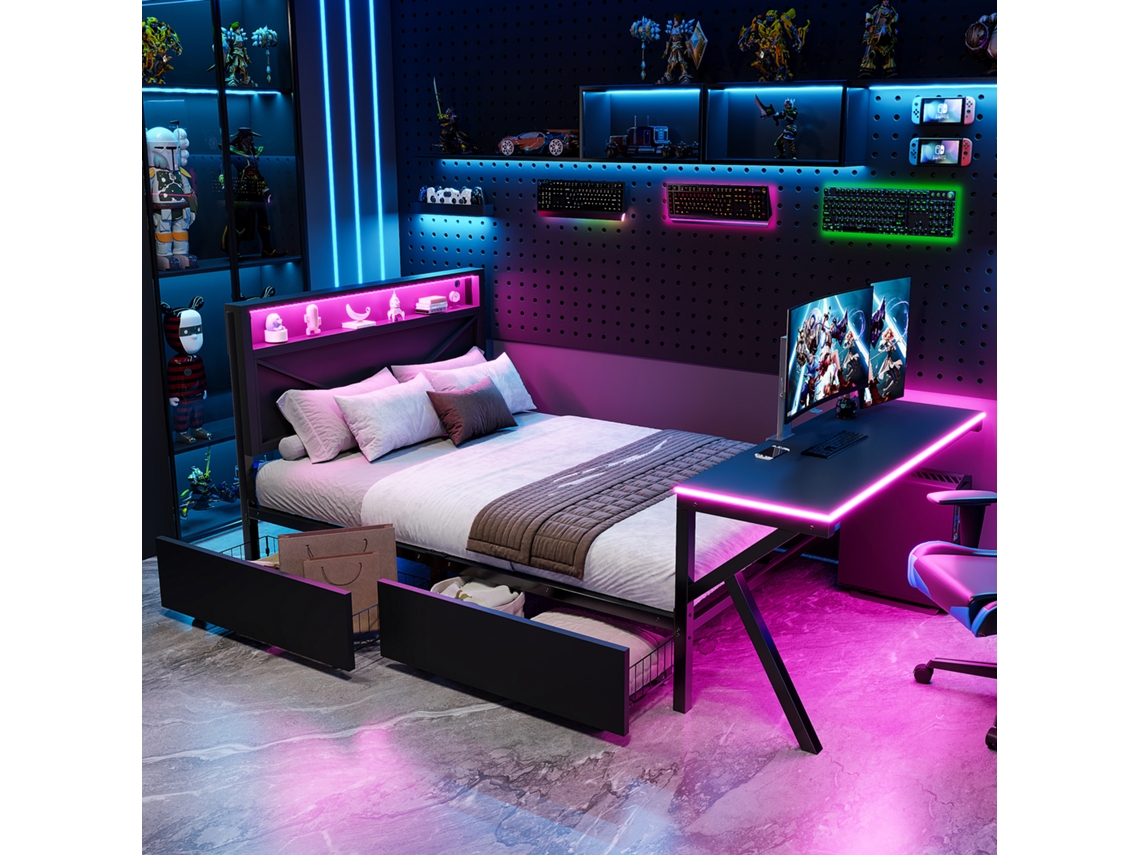 Cama De Metal 140x200cm Com Led Mesa E Gavetas Preta