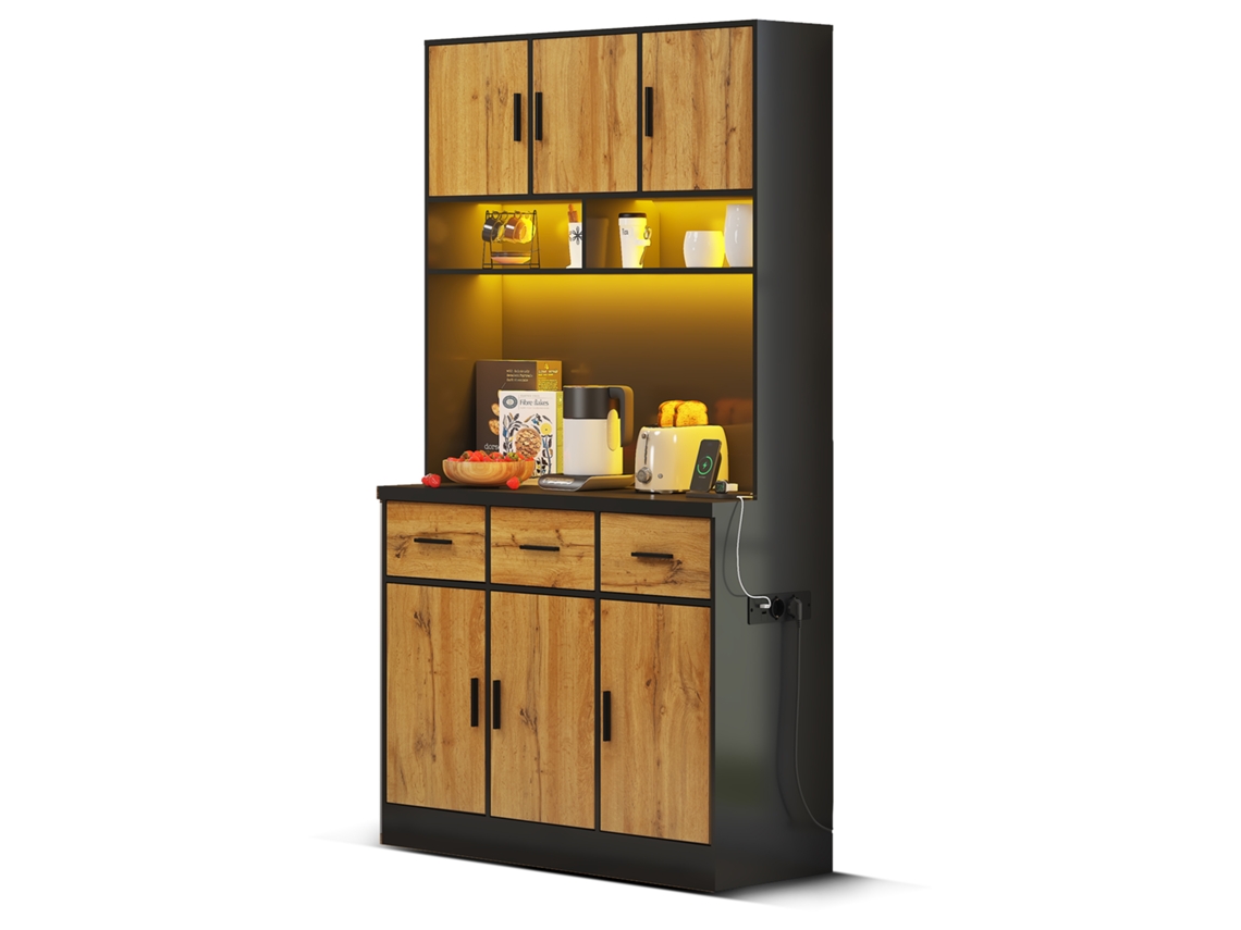 Buffet Multifuncional 100x40x180cm, Led Por App, Gavetas, Prateleiras Ajustáveis, Furos Para Cabos E Tomadas, Ideal Para Cozinha E Sala.