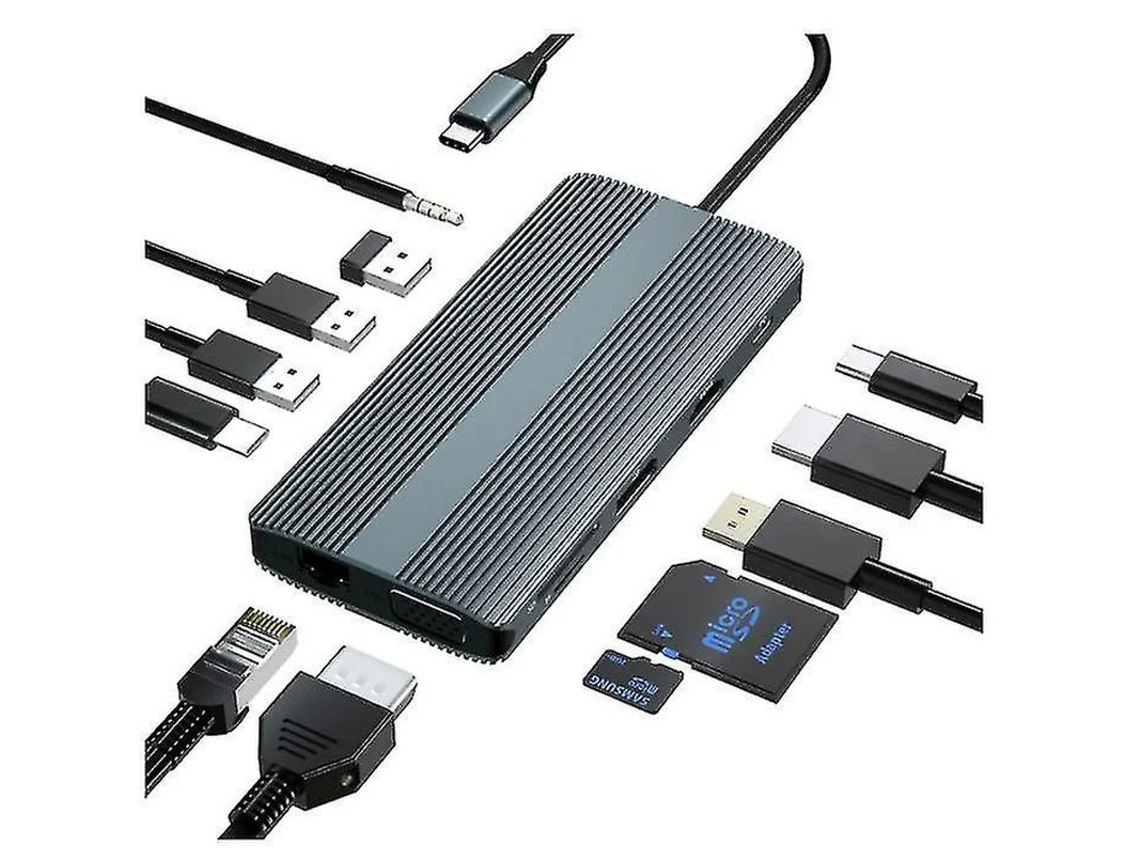 Estação de encaixe USB C 12 em 1 monitor triplo tipo C hub para laptop 4k DP HDMI 1080p VGA 100w PD 2 USB3.0 USB C 3.0 USB2.0 1000m Ethernet Yizhood