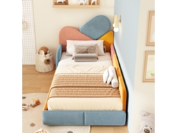 Cama Infantil Estofada 90x200 Cm, Cama Individual Com Grades Laterais Elevadas, Design Patchwork, Estrado De Ripas De Madeira, Veludo