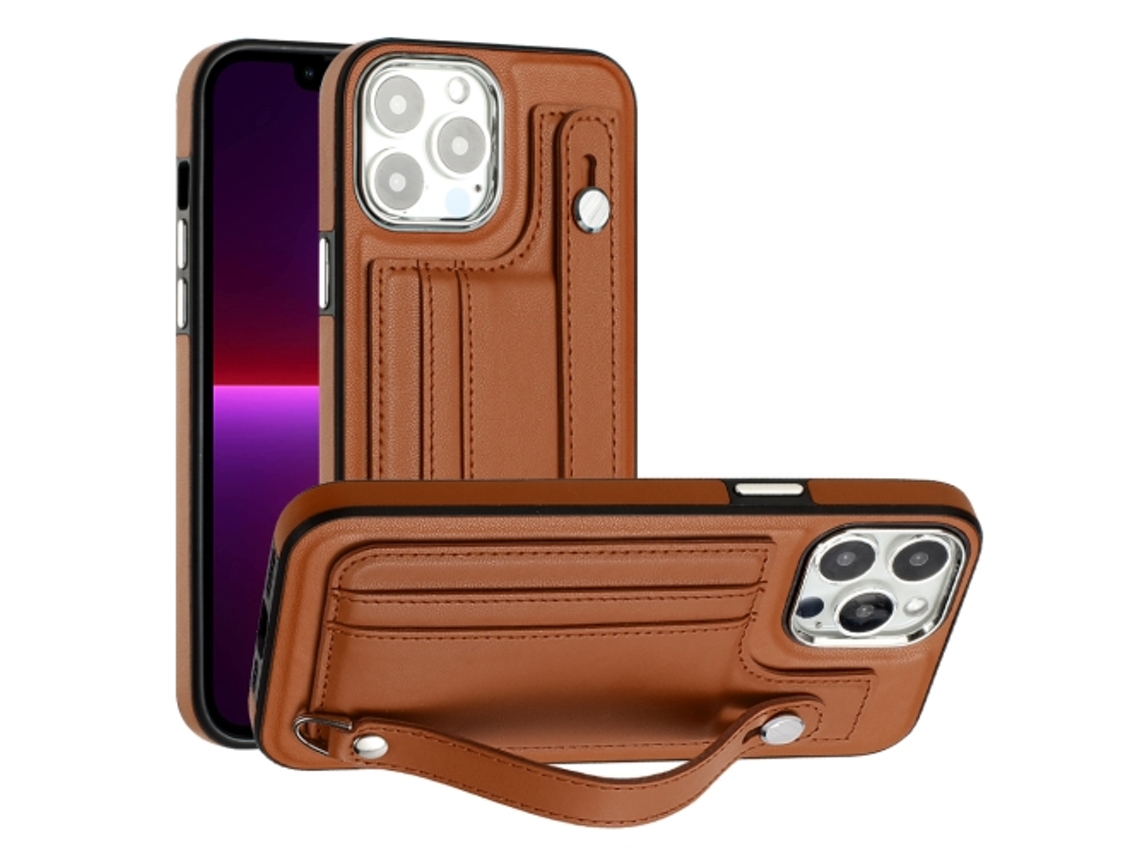 Capa Mobile Phone Cases Shockproof With Wrist para iPhone 15 Pro Max Pele Castanho