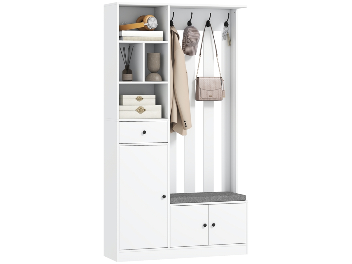 180 Cm Vestiárionschrank Com Kleiderständer, Schuhbank, 4 Haken, Offene Ablageflächen, Mdf, Branco