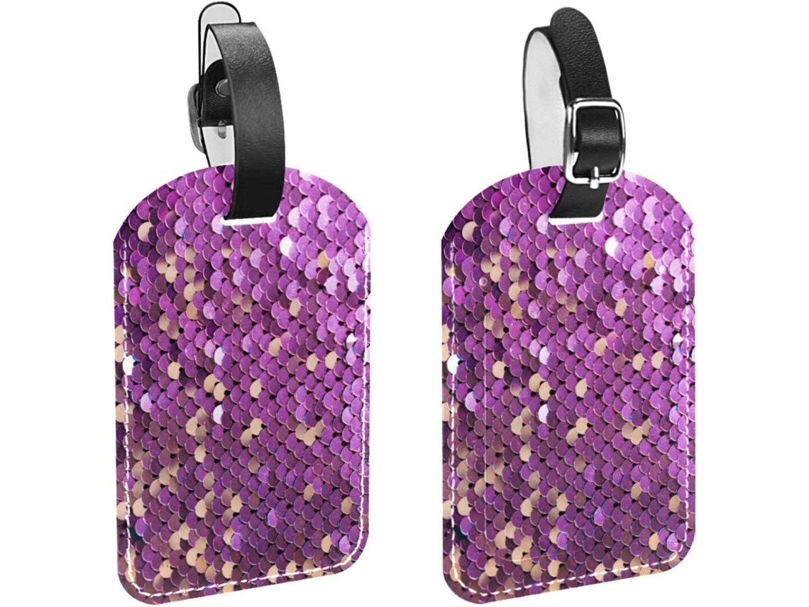 Conjunto De 2 Etiquetas Bagagem Em Imitação Couro Com Fundo Brilhante Roxo E Rosa