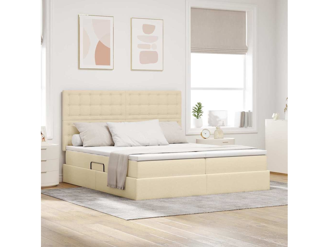 Vidaxl Cama De Armazenamento Led Com Colchão Creme 180 X 200 Cm Tecido