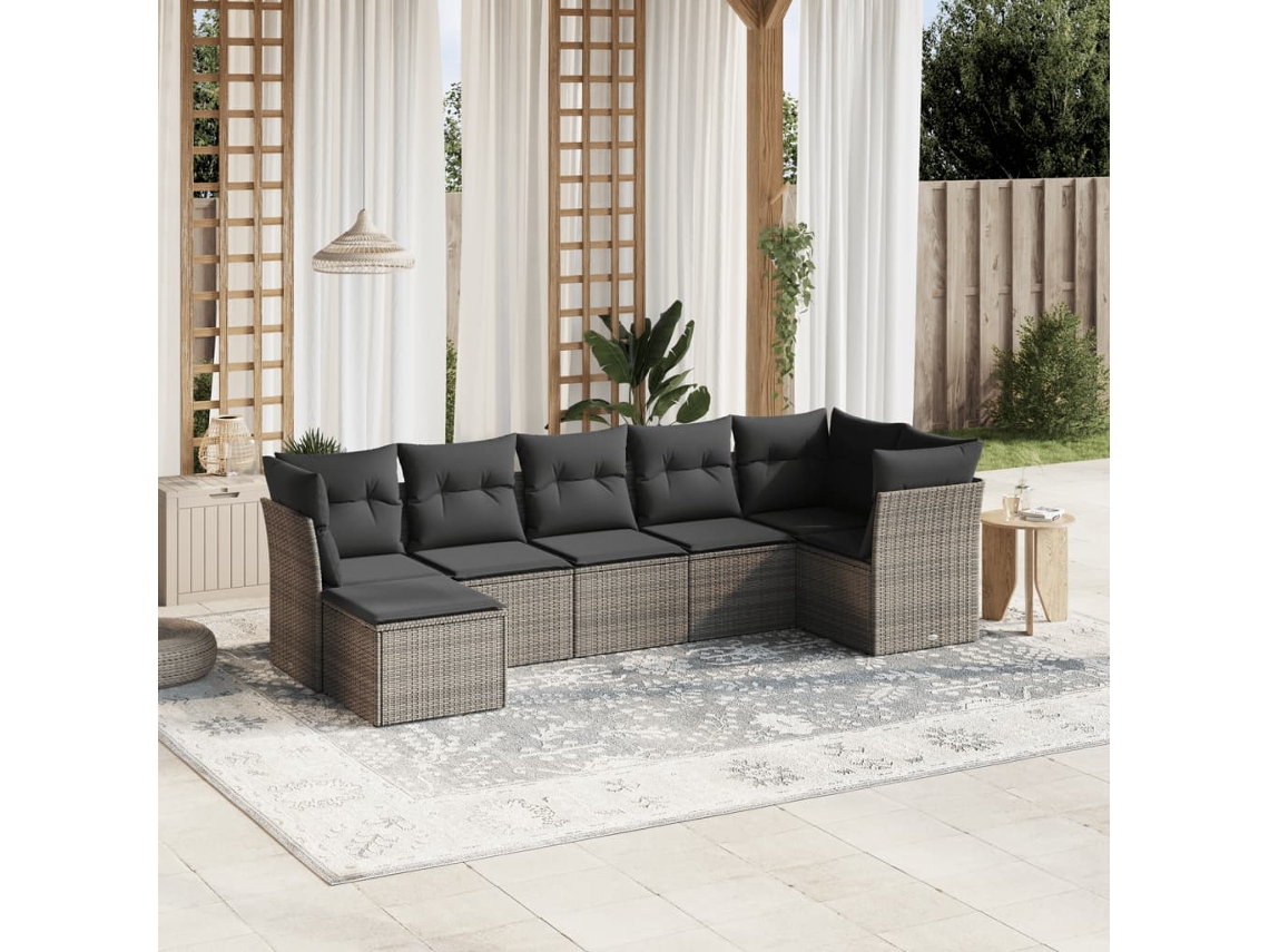 Vidaxl 7 Pcs Conjunto Sofás P/ Jardim C/ Almofadões Vime Pe Cinzento