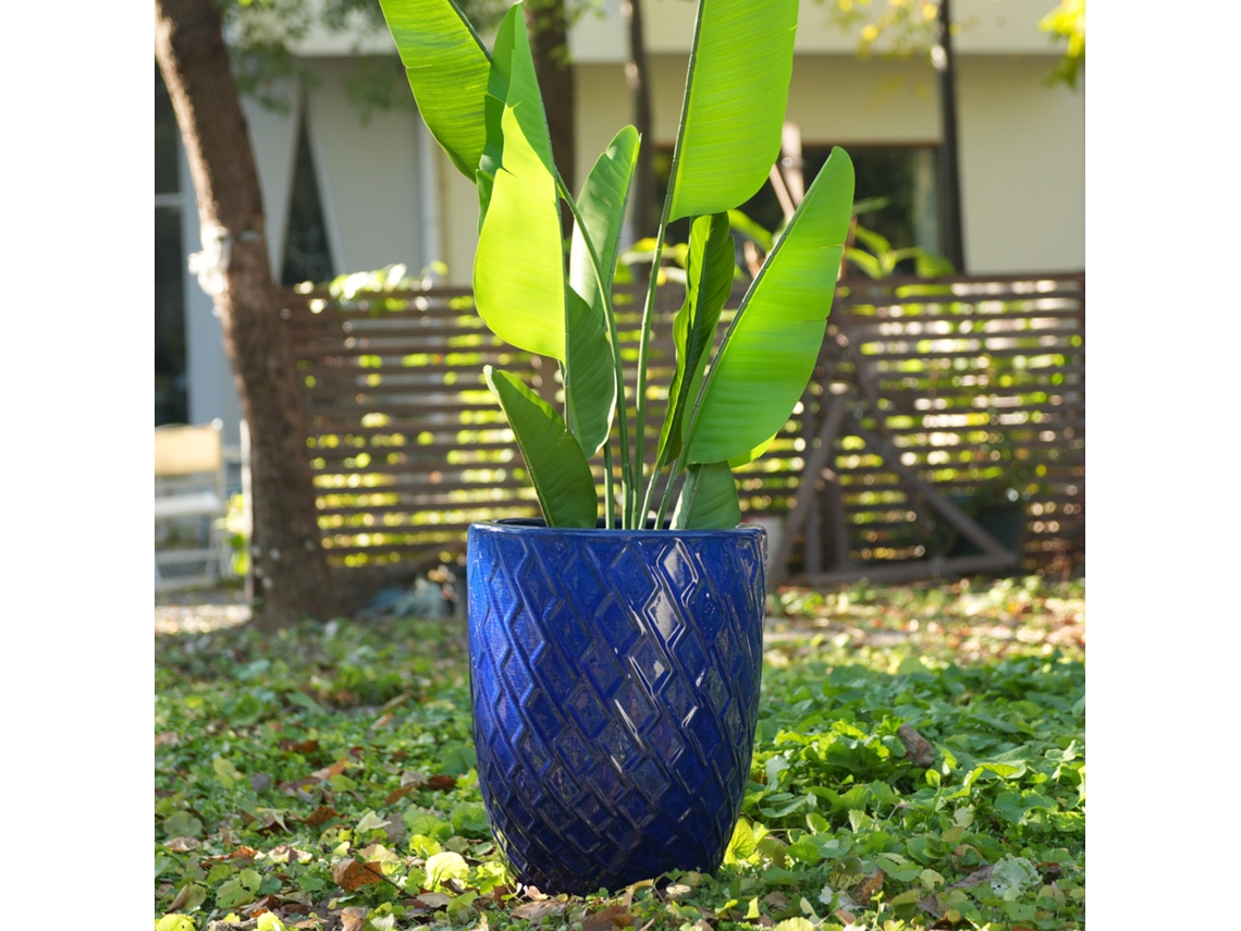 Vaso Grande De Cerâmica Artesanal Ø42cm × H54cm, Azul Real Com Losangos, Respirável, Anti-gelo E Drenagem, Plantas Grandes Interior E Jardim