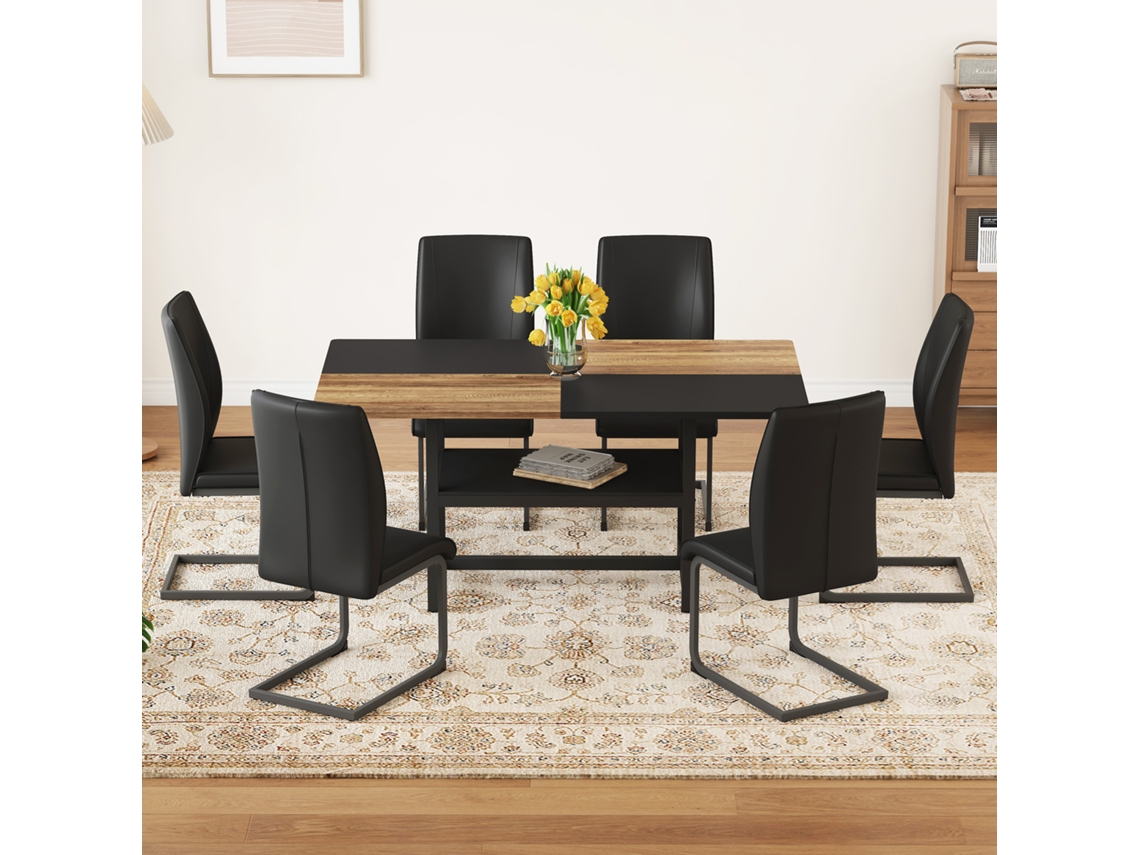 Conjunto De Mesa De Jantar Retangular 160 Cm Com Prateleira Multifuncional E 6 Cadeiras Pretas Com Braços Em Pu