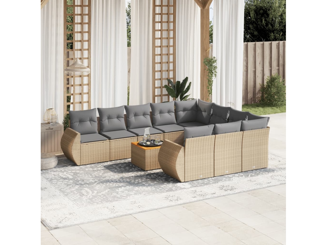Vidaxl 11 Pcs Conjunto Sofás de Jardim C/ Almofadões Vime Pe Bege
