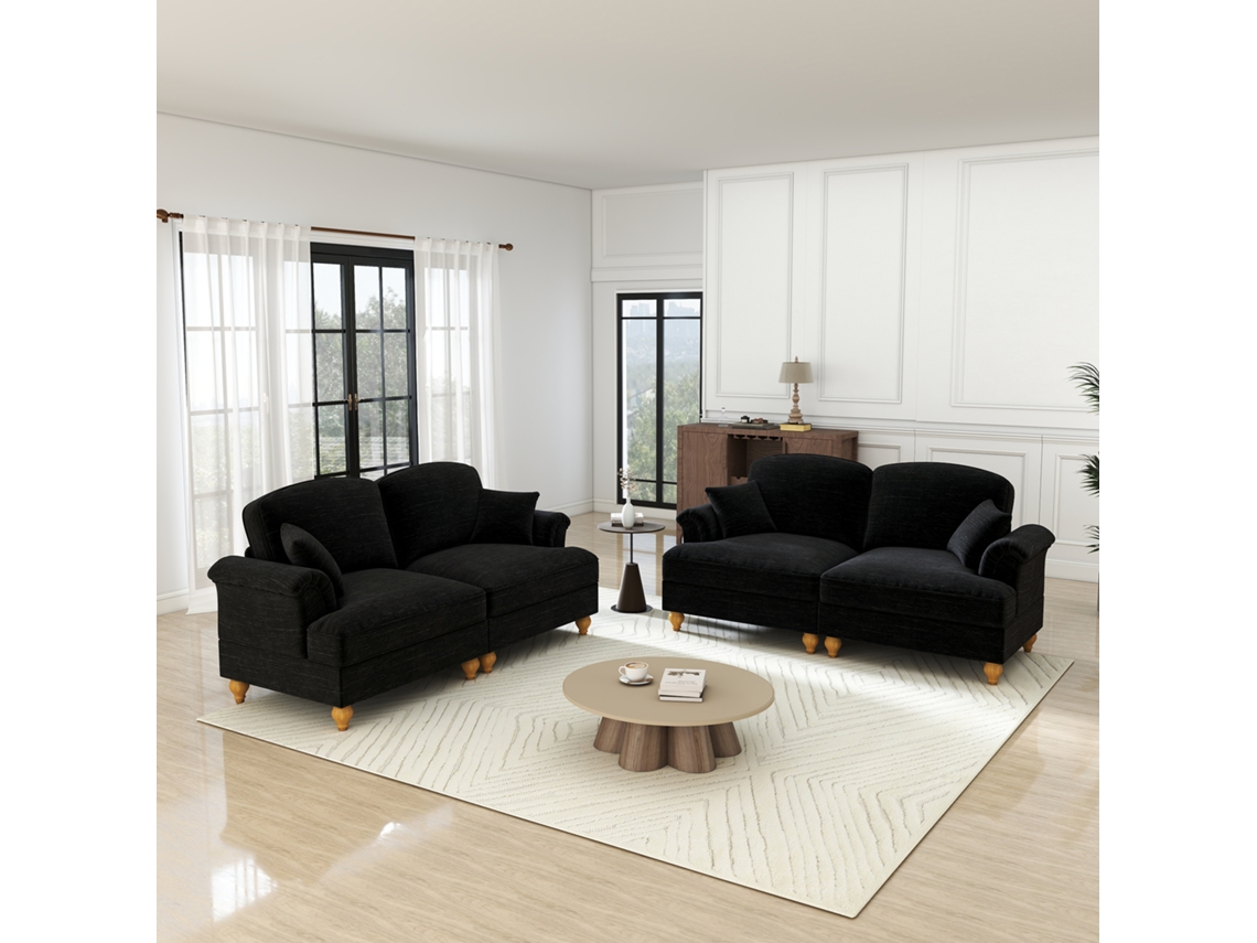 Sofá Modular L de 4 Lugares MOBRIO em Chenille, Braços Cónicos, Saia Removível, Pés Torneados, Apoio para os Pés Preto