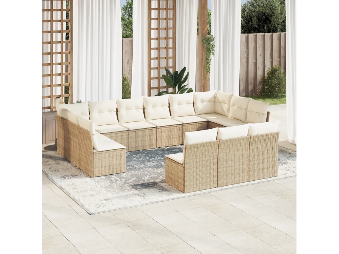 Vidaxl 13 Pcs Conjunto De Sofás P/ Jardim Com Almofadões Vime Pe Bege