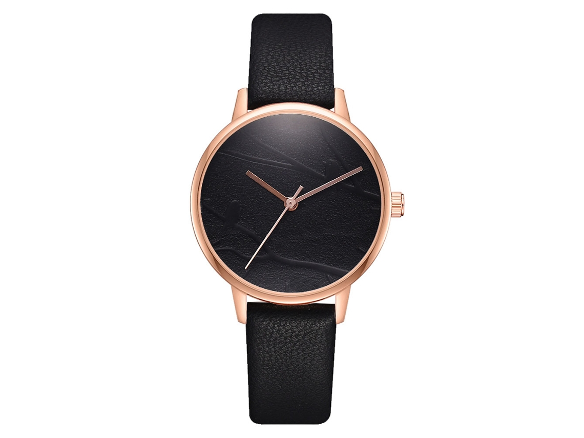 Relógio de Pulso Feminino com Pulseira Pu Ajustável, Orelógio de Quartzo com Mostrador Redondo Preto