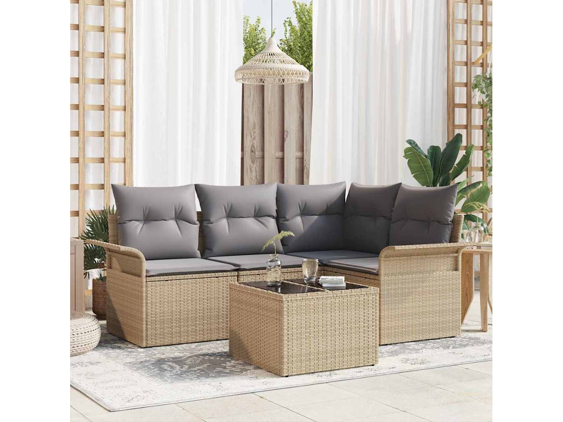 Vidaxl Conjunto De Sofá De Jardim Com Almofada 5 Pcs Bege Vime Pe