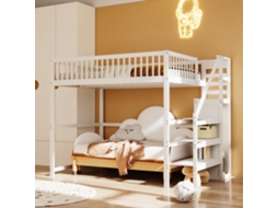 Cama Alta VSOGA, 140x200 cm, Madeira Branca, com Escada, Prateleiras, Guarda-roupa