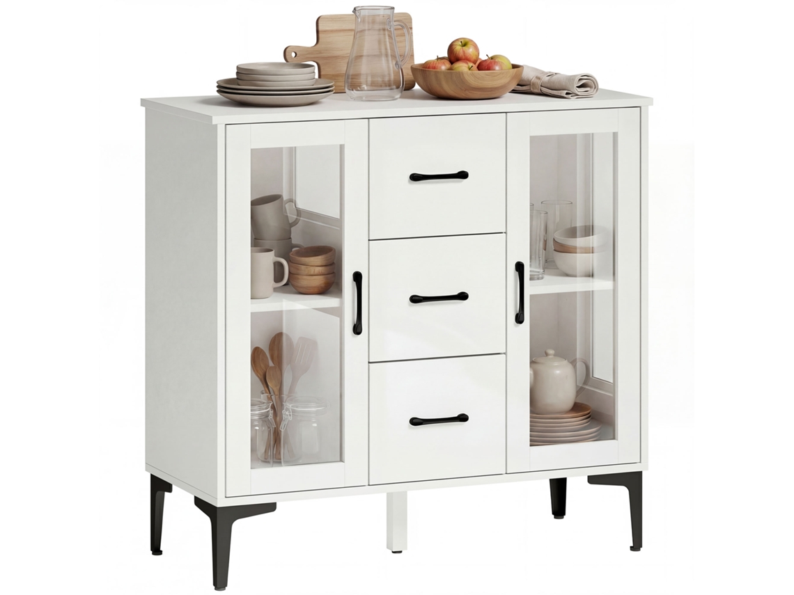 Armário Lateral Moderno com Portas Soft Close, buffet com 3 gavetas, 2 portas de vidro, prateleiras ajustáveis, MDF, branco BTFORUS
