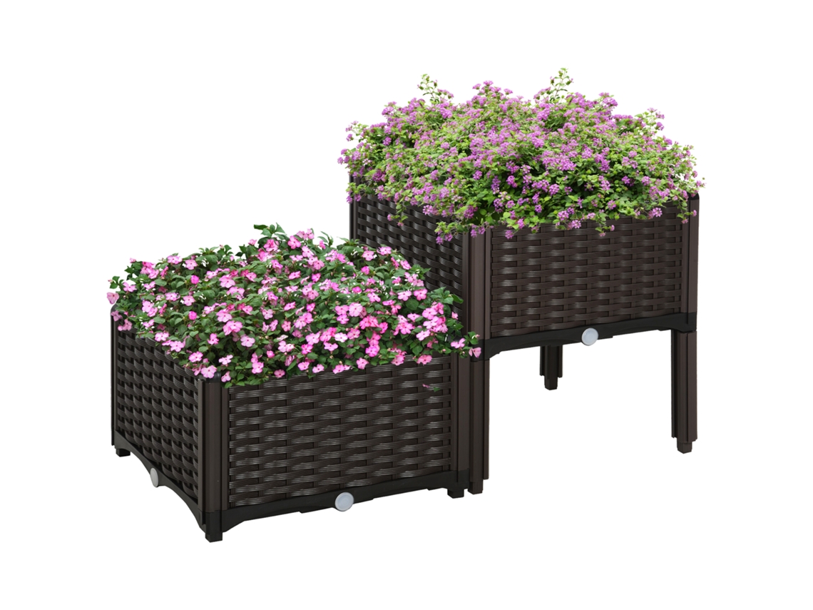 Conjunto 2 Floreiras Quadradas Drenagem Pés Altos 40x40x26-44cm Marrom