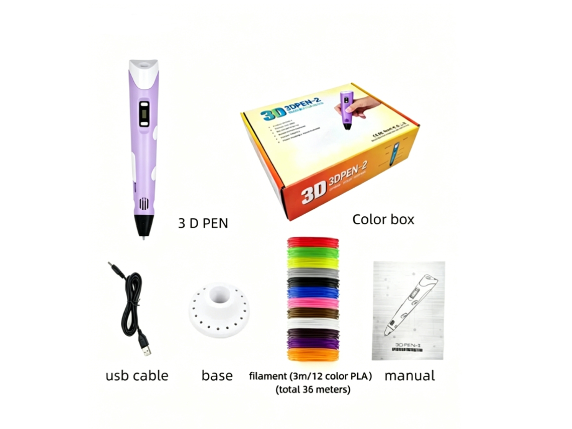 Caneta De Impressão 3d Infantil Com Tela Lcd,temperatura/velocidade Ajustáveis, 3m X 12 Cores Filamentos, Roxo Digitallab