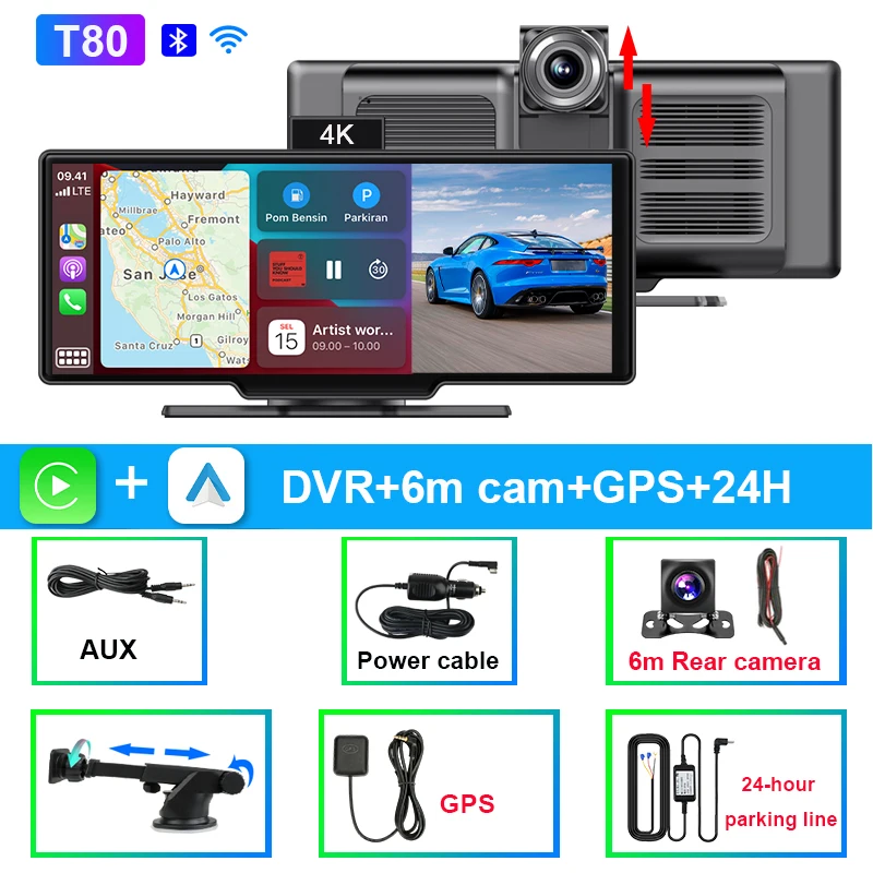 (t80 6m Gps 24h Sim-free) Câmera Veicular 4k De 10,26 Polegadas Com Carplay Sem Fio E Gravação Dupla Frontal E Traseira.