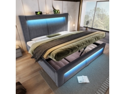 Cama Casal 180x200cm Veludo Cinza Armazenamento Led Usb Type-c