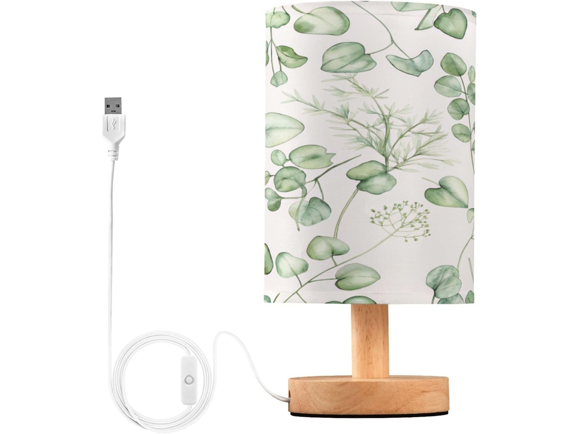 Abajur De Cabeceira Led Com Estampa Folha Verde, Ideal Para Quarto, Leitura Com Cúpula De Tecido, Base De Madeira E