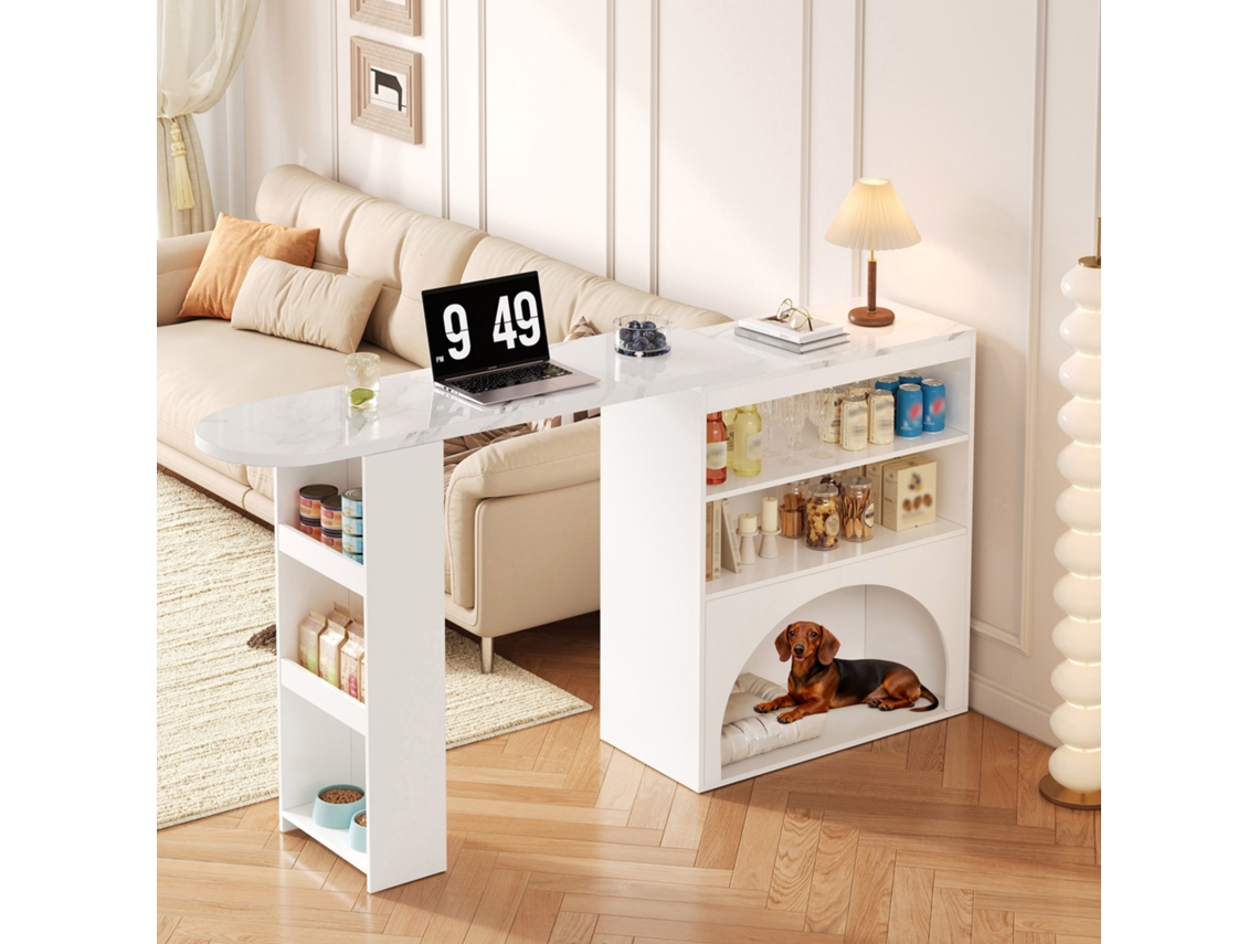 Balcão Extensível Giratório Branco, Superfície Imitação Mármore, Espaço Livre Sem Acessórios 120(+80)×40×100cm