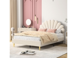 Cama infantil estofada 140x200cm com cabeceira floral em veludo bege INONEFT