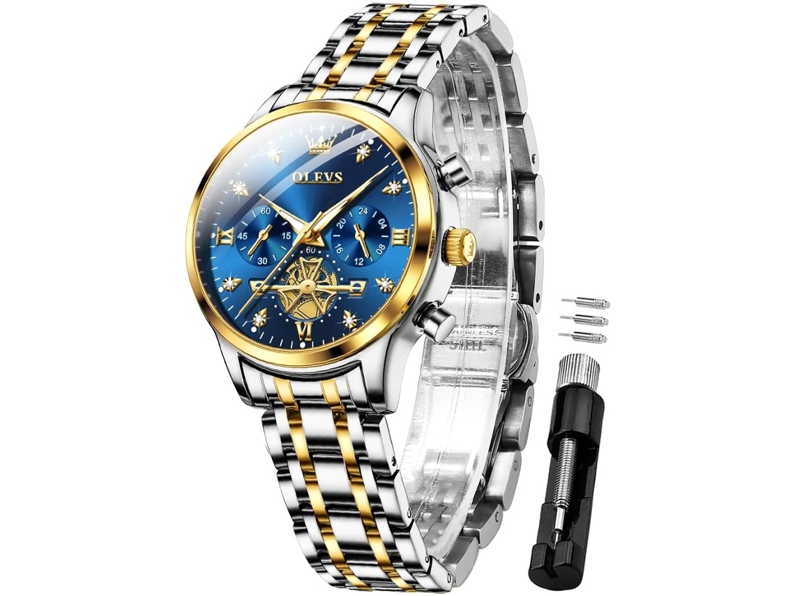 Lurelia Relógio Digital Feminino, Movimento De Quartzo, Cronómetro, Detalhes Com Strass, Aço Inoxidável, Resistente À Água, Rosa Ouro, Azul