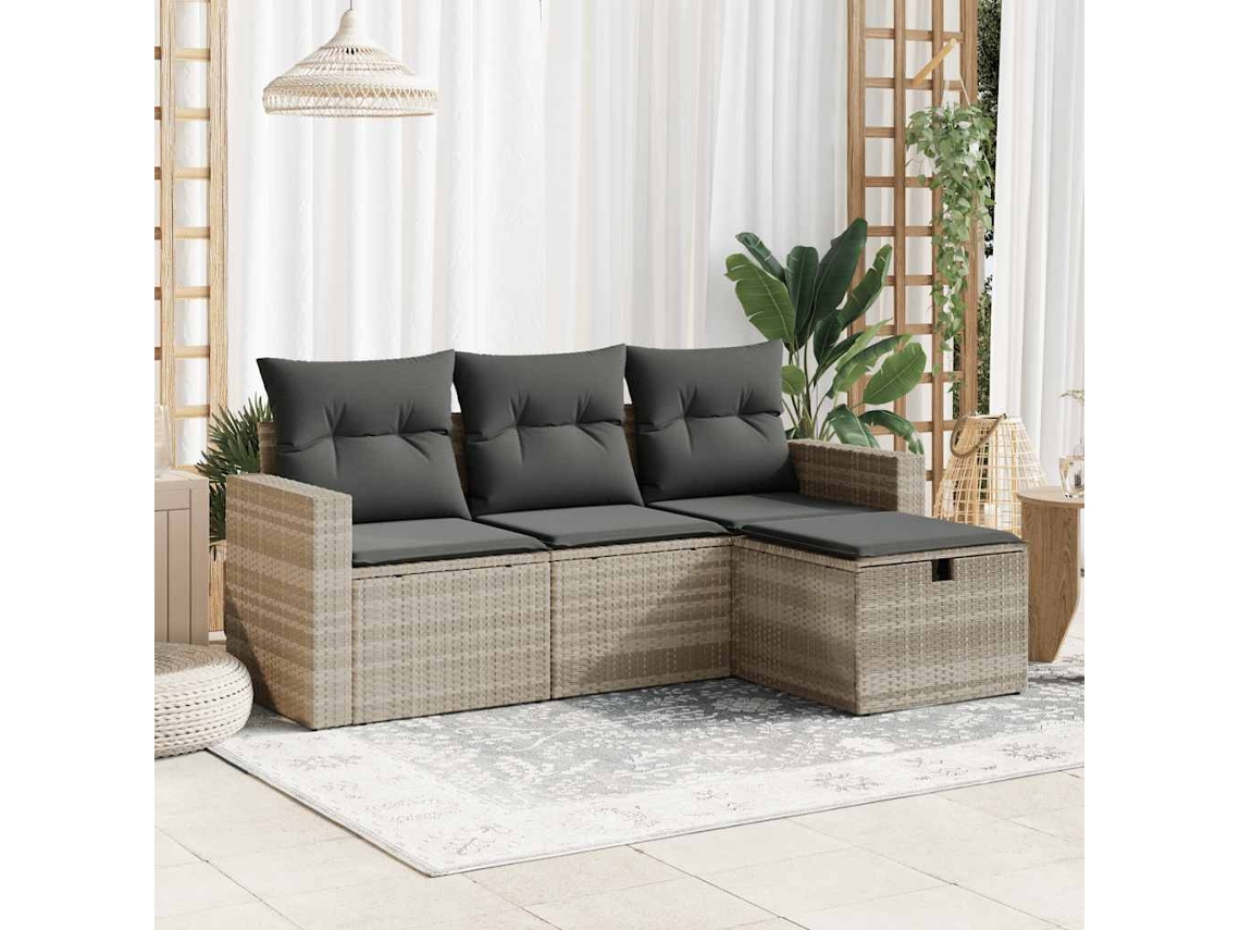 Vidaxl 4 Pcs Conj. Sofás Jardim C/ Almofadões Vime Pe Cinzento-claro