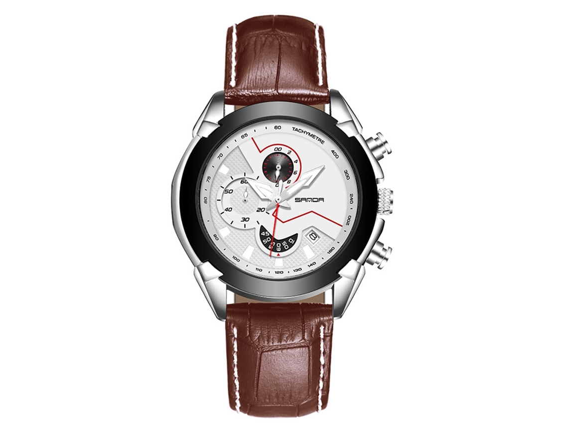 Relógio de Pulso Masculino Casual de Quartzo com Pulseira Marrom e Caixa Prateada Sanda